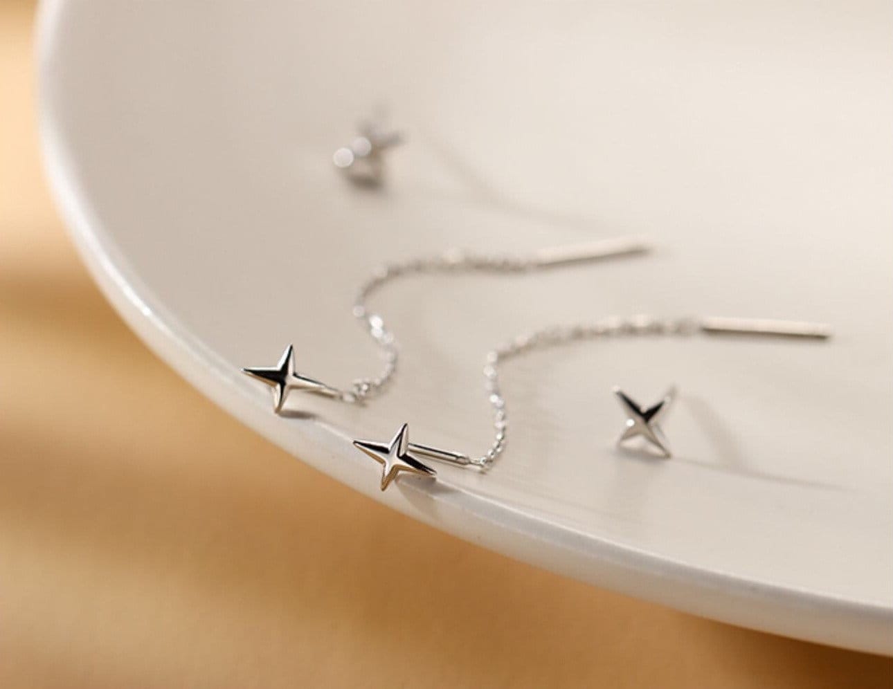 1 Pair | 925 Silver 4-Point Star Threader Drop & Dangle Earrings, Star Tassel Drop Earrings, Dainty North Star Earrings, Modern Star Design