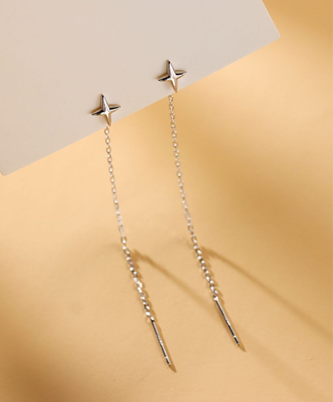 1 Pair | 925 Silver 4-Point Star Threader Drop & Dangle Earrings, Star Tassel Drop Earrings, Dainty North Star Earrings, Modern Star Design