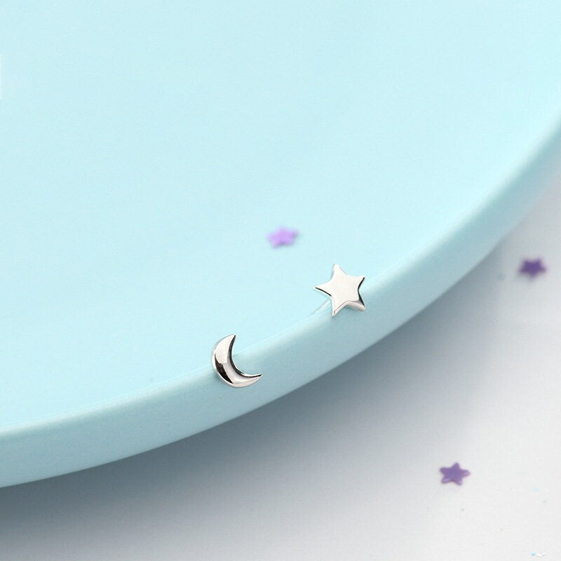 Sterling Silver Tiny Crescent Moon & Star Stud Earring, Tiny Silver Star Moon Earring, Mismatched Earrings, Minimalist Moon Star Studs, E183