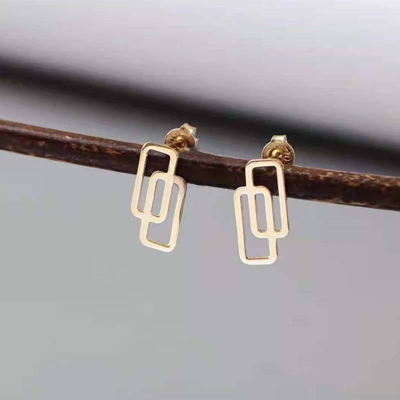 Gold Plated 925 Silver Pretty Geometry Rectangle Link Stud Earrings, Dainty Geometry Earrings, Unique Design, Minimalist Earrings, E185