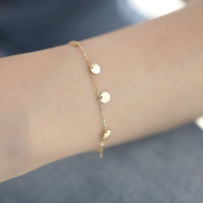 14k Gold Plated 925 Silver Shiny Gold Coin Charm Bracelets, Dainty Gold Disc Bracelet, Minimalist Adjustable Bracelet, Layered Bracelet, B07