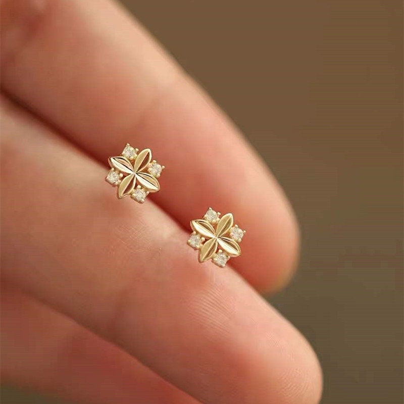 14k Gold Plated Sterling Silver Dainty Cross Flower CZ Stud Earrings, Minimalist Skinny Earrings, Pretty Lovely Design, Gifts for Her, E202