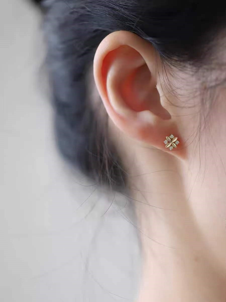 14k Gold Plated Sterling Silver Dainty Cross Flower CZ Stud Earrings, Minimalist Skinny Earrings, Pretty Lovely Design, Gifts for Her, E202