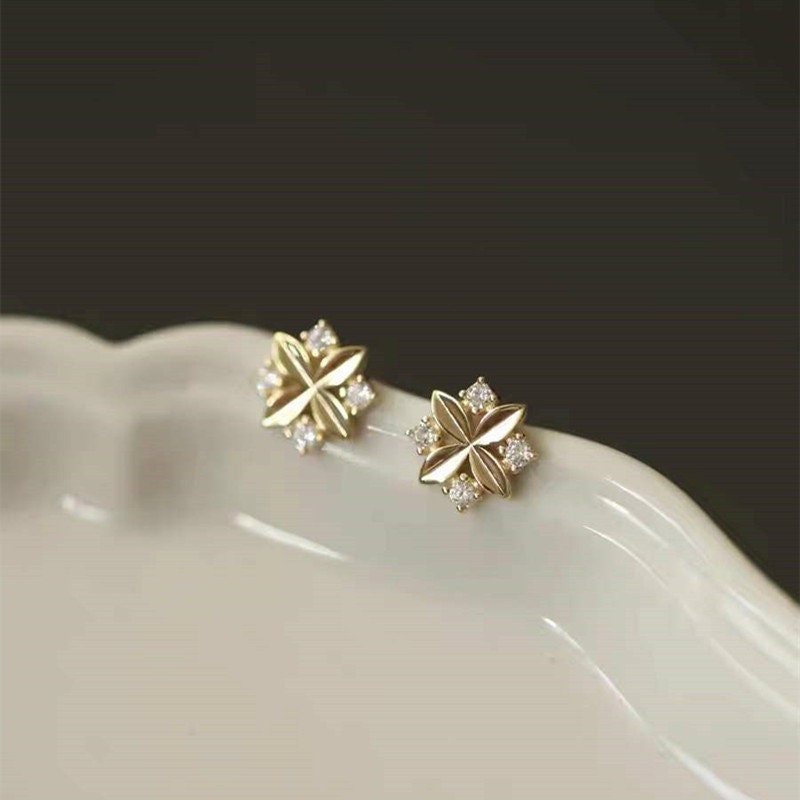 14k Gold Plated Sterling Silver Dainty Cross Flower CZ Stud Earrings, Minimalist Skinny Earrings, Pretty Lovely Design, Gifts for Her, E202