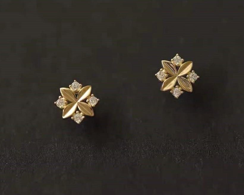 14k Gold Plated Sterling Silver Dainty Cross Flower CZ Stud Earrings, Minimalist Skinny Earrings, Pretty Lovely Design, Gifts for Her, E202