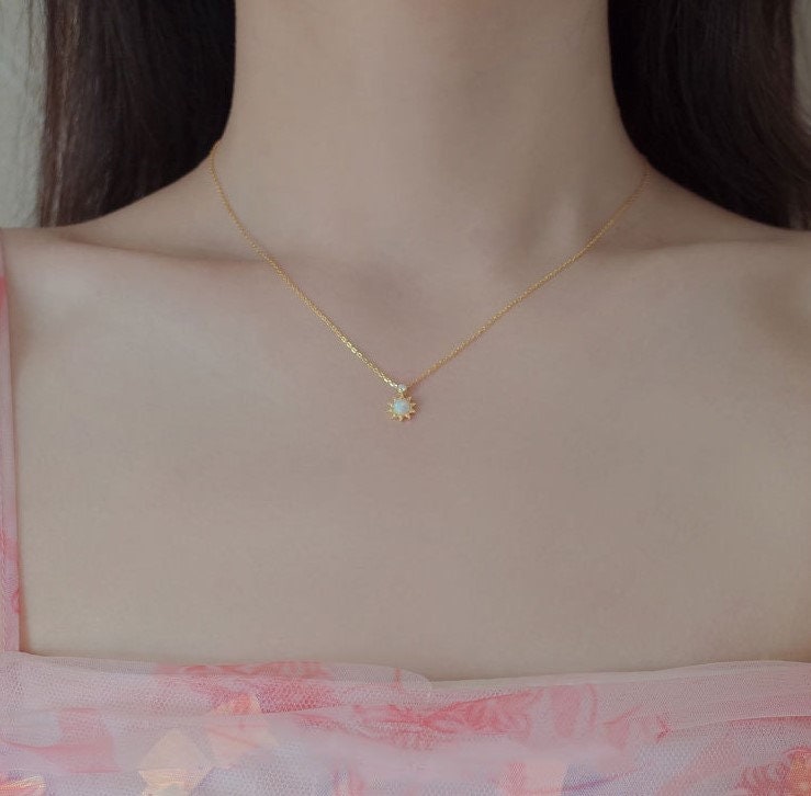 14k Gold Plated 925 Silver Dainty Opal Starburst Necklace, Opal Sun Flower CZ Necklace, Minimalist Gold Opal Choker, October Birthstone, N29