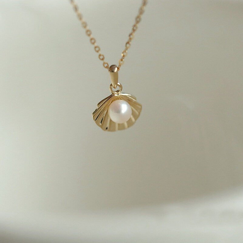 Shell-shaped and Pearl Necklace, 14k Gold Plated 925 Silver Simulated Pearl with Shell Necklace, Dainty Gold Necklace, Pearl Choker, N30