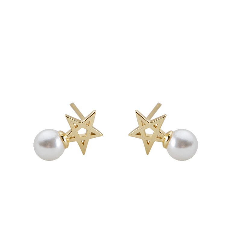 Dainty Hollow-out Star with Simulated Pearl Stud Earrings, Gold Plated 925 Silver Pearl with Pentagon Earrings, Skinny Earrings, Minimalist