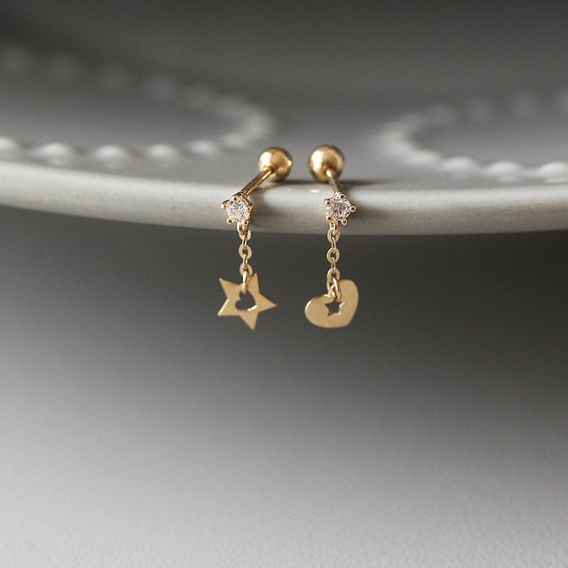 Mismatched Star & Heart Screw Back Dangle Earrings, Gold Plated 925 Silver Mismatched Heart Drop Earrings, Helix Earring, Gift for her, E218