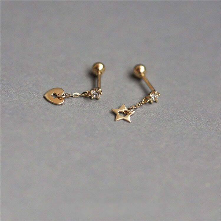 Mismatched Star & Heart Screw Back Dangle Earrings, Gold Plated 925 Silver Mismatched Heart Drop Earrings, Helix Earring, Gift for her, E218