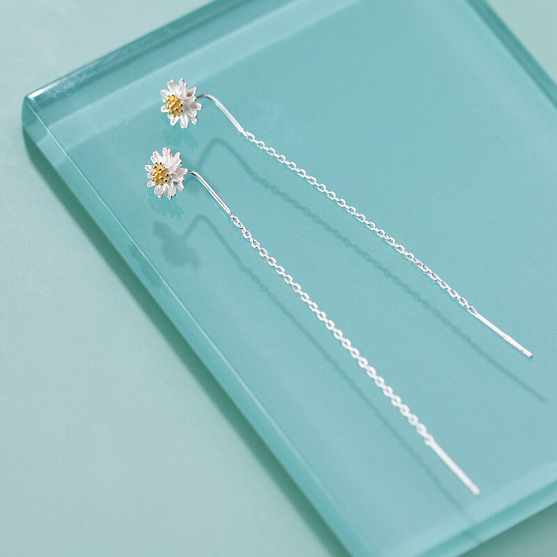 1 Pair | 925 Silver Delicate Daisy Threader Drop & Dangle Earrings, Skinny Flower Daisy Tassel Earrings, Sweet and Pretty Design, Gift, E220