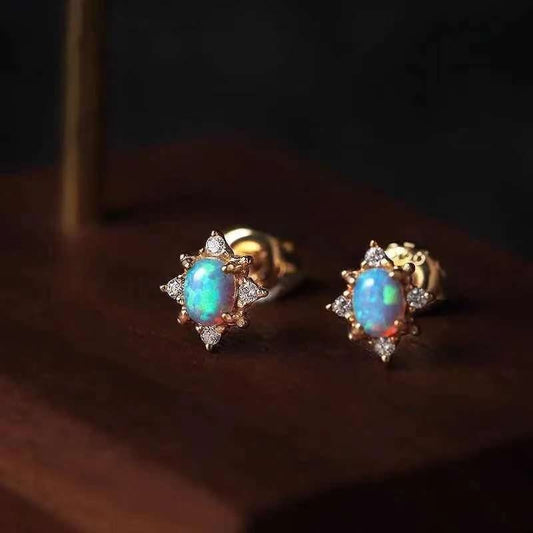 14k Gold Plated 925 Silver Dainty Oval Opal CZ Stud Earrings, Tiny Starburst Opal CZ Earring, Gold Opal Studs, Minimalist Earring, E195