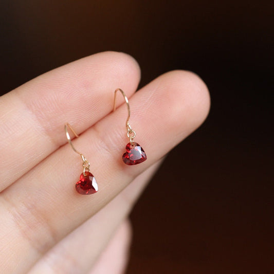 Gold Plated 925 Silver Ruby CZ Heart Drop & Dangle Earrings, Dainty Red Heart Drop Hook Earrings, Minimalist Gold Drop Earring, E230