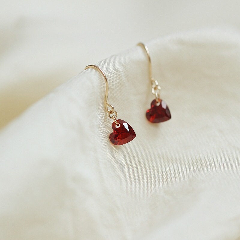 Gold Plated 925 Silver Ruby CZ Heart Drop & Dangle Earrings, Dainty Red Heart Drop Hook Earrings, Minimalist Gold Drop Earring, E230