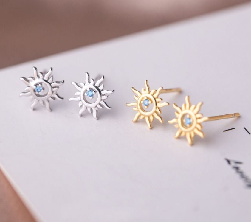 Sterling Silver Sunburst with Blue CZ Stud Earrings, Dainty Tiny CZ Sun Flower Earrings, Pretty and Celestial Design, Gifts for Her, E160