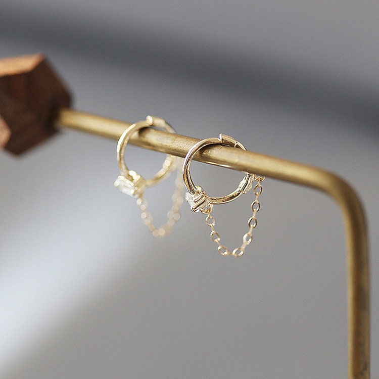 Gold Threader Drop Hoop Earrings, Dainty CZ Hoop Chain Earring, Minimalist Punk Hoop Earrings, Threader Hoop Earring, Perfect for Daily E233