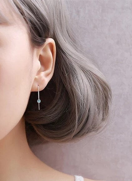 925 Silver Round Cut Blue Gemstone Threader Earrings, Sky Blue Stone Tassel Earrings, Silver Drop & Dangle Earring, Minimalist Earrings E234