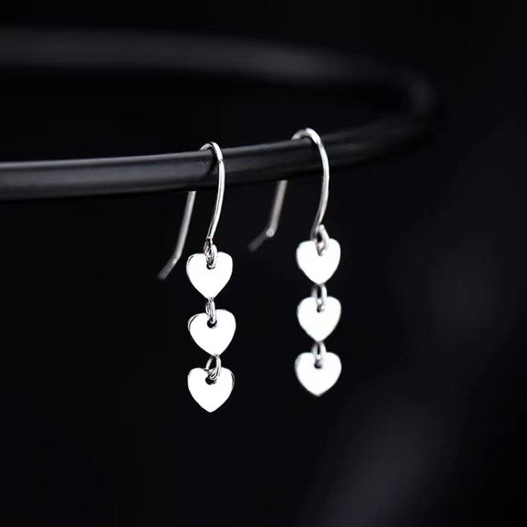 Sterling Silver Heart Drop Hook Earrings, Linked Heart Drop Earrings, Minimalist Heart Dangle Hook Earrings, Gifts for Her, E236