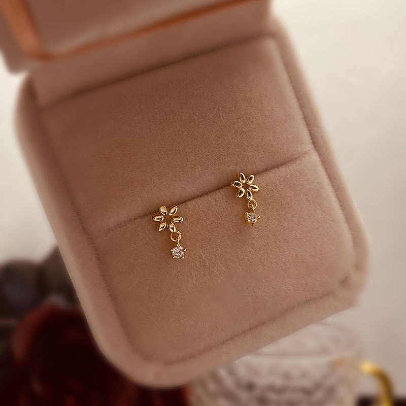 14k Gold Plated 925 Silver Mini Flower with Tiny Drop CZ Stud Earrings, Dainty Tiny Flower with CZ Earrings, Minimalist Plant Earrings, E238