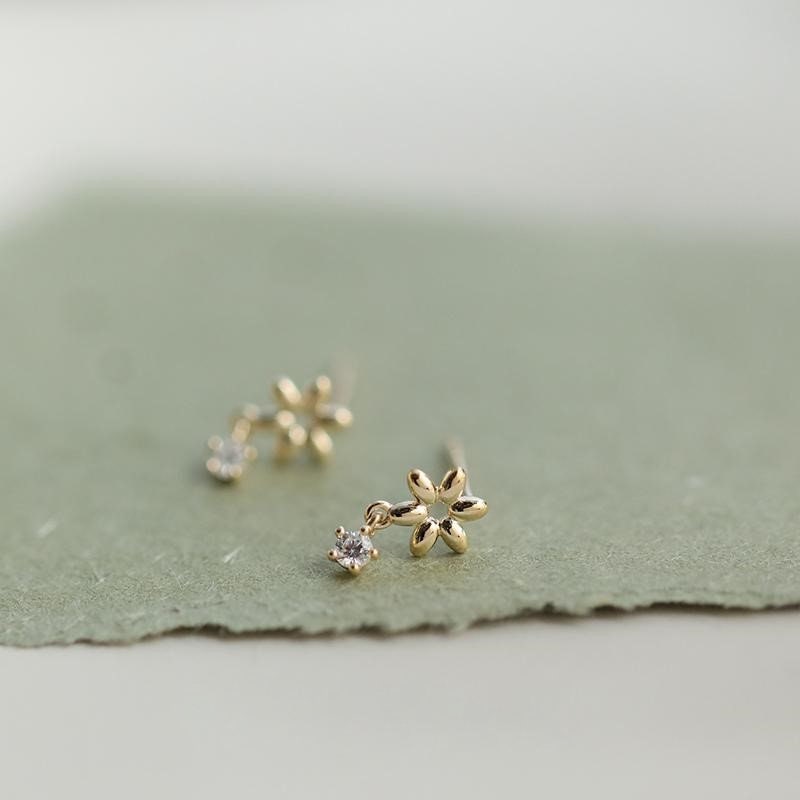 14k Gold Plated 925 Silver Mini Flower with Tiny Drop CZ Stud Earrings, Dainty Tiny Flower with CZ Earrings, Minimalist Plant Earrings, E238