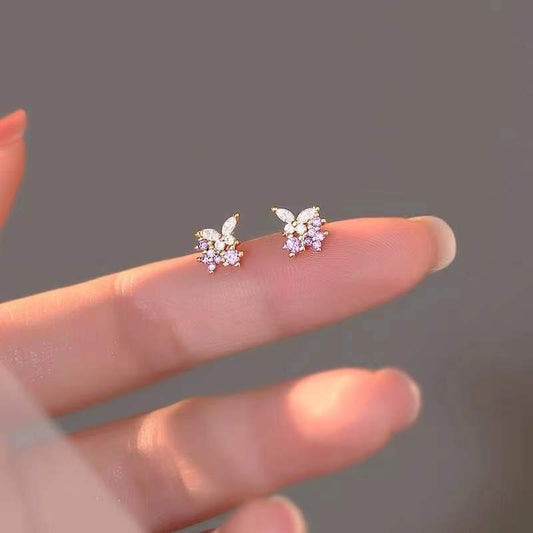 Sterling Silver Butterfly & Lavender CZ Stud Earrings, Dainty Lavender and Butterfly Earrings, Sparkly CZ Flower and Butterfyl Earring, E239