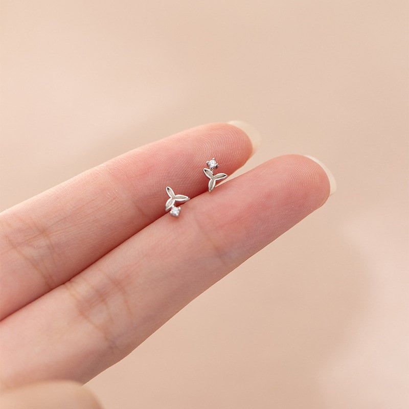 Sterling Silver Tiny Clover CZ Stud Earrings, Dainty Flower Studs, Skinny Plant Earrings, Pretty and Lovely Design, Silver or Gold,  E241