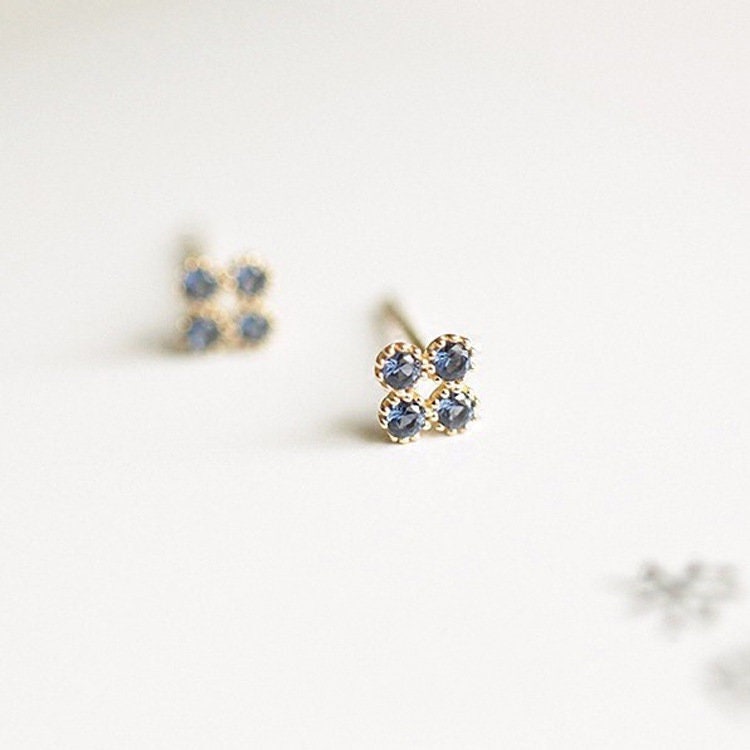 14k Gold Plated 925 Silver Blue Sapphire CZ Clover Stud Earrings, Sparkly CZ  Blue Four-leaf  Studs, Blue Flower Earring, Minimalist, E222