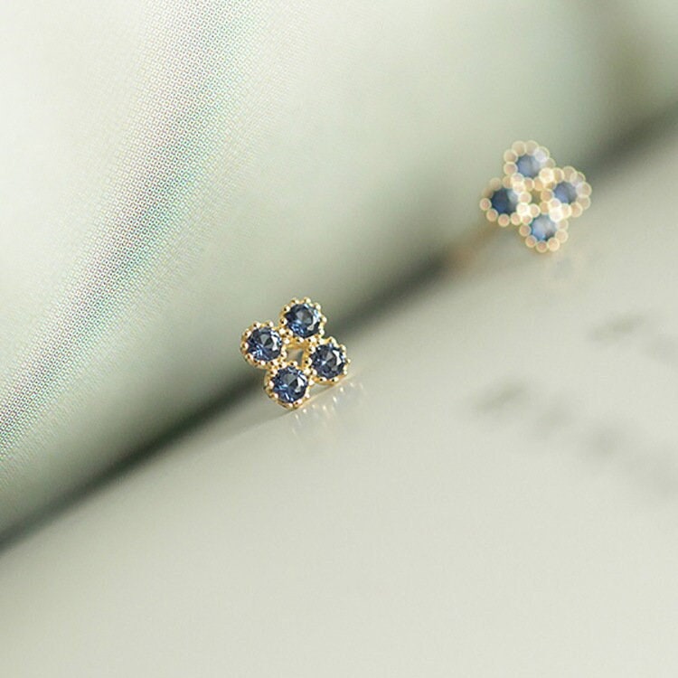 14k Gold Plated 925 Silver Blue Sapphire CZ Clover Stud Earrings, Sparkly CZ  Blue Four-leaf  Studs, Blue Flower Earring, Minimalist, E222