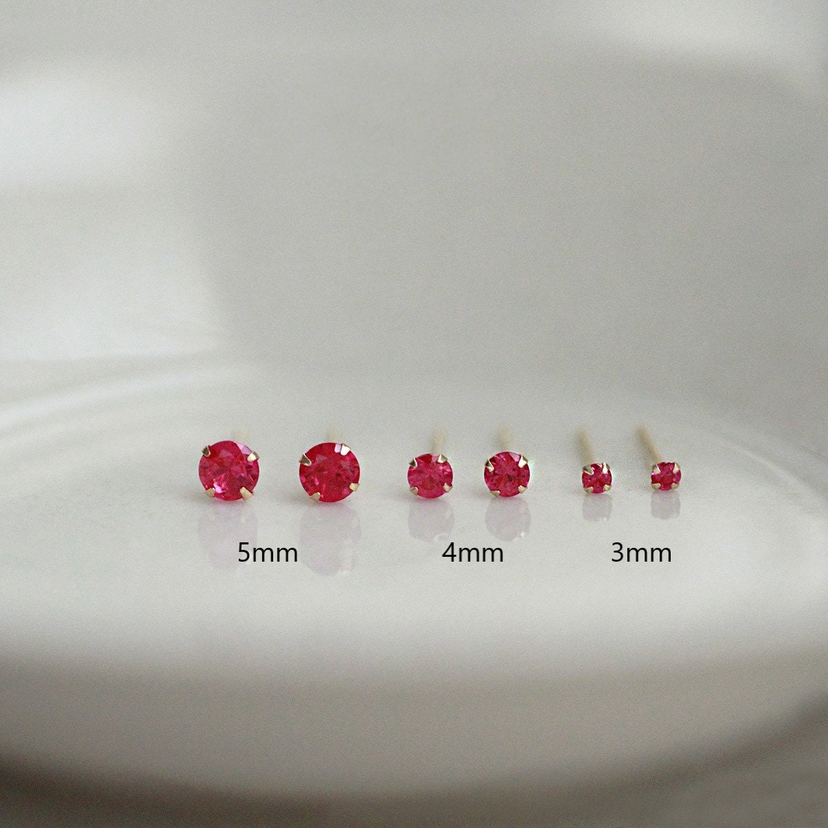 1 Pair | 14k Gold Plated 925 Silver Round Cut Ruby CZ Stud Earrings, Tiny Simple Red Studs, Minimalist Studs, Helix/Tragus Studs, E244