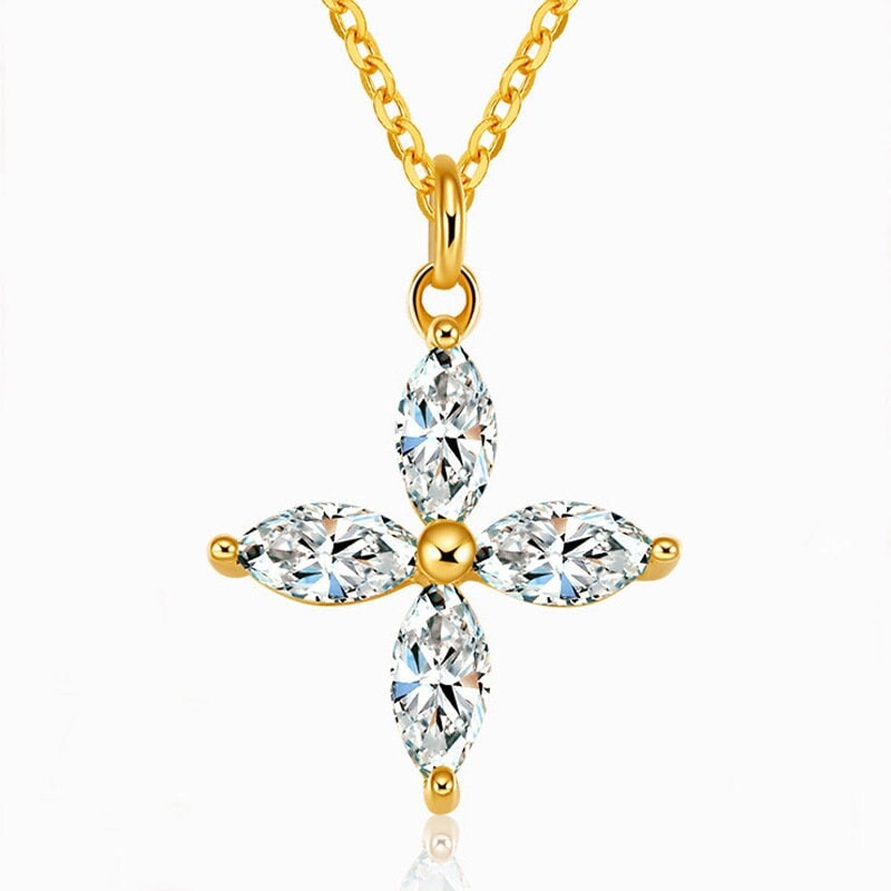 14k Gold Plated 925 Silver Dainty CZ Cross Flower Necklace, Minimalist Flower Necklace, Sparkly Clover CZ Necklace, Clover Pendant, Gift N39