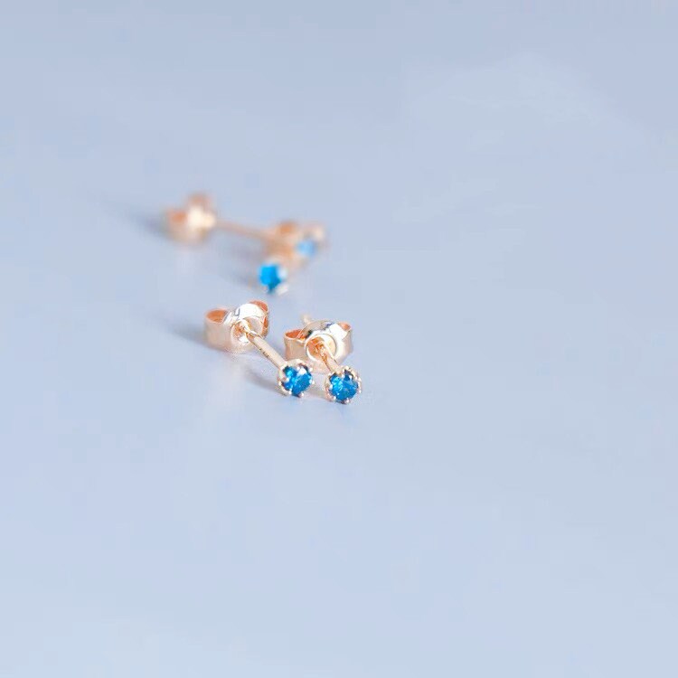 1 Pair | Gold Plated 925 Silver Round Cut Blue CZ Stud Earrings, Tiny Blue Studs, Minimalist Gold Blue Earrings, Helix/Tragus Studs, E228