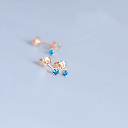 1 Pair | Gold Plated 925 Silver Round Cut Blue CZ Stud Earrings, Tiny Blue Studs, Minimalist Gold Blue Earrings, Helix/Tragus Studs, E228