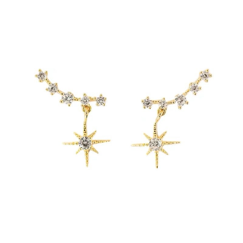 Dainty Gold Starburst Drop & Dangle Earrings, Sparkly Star Drop Earrings, Crawler Earring with Starburst Drop, Minimalist Earrings, E229