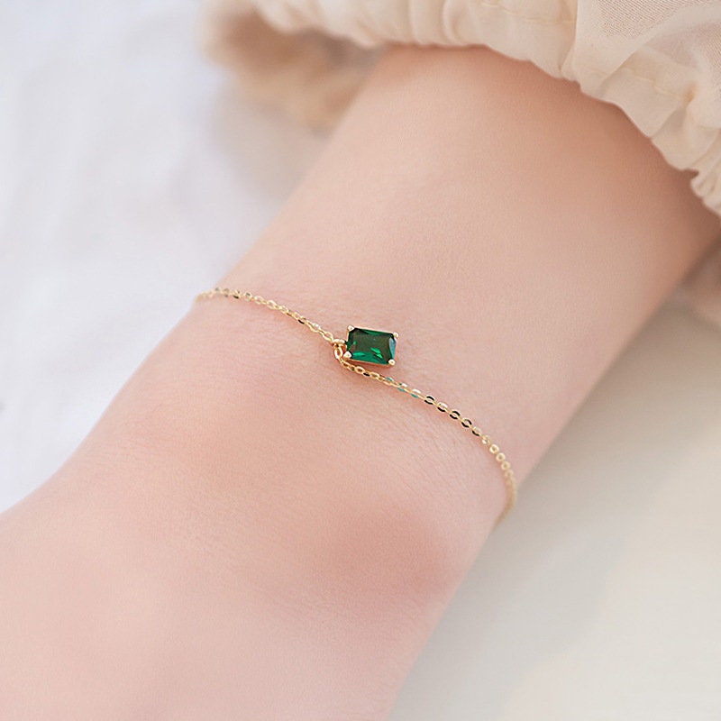 14k Gold Plated 925 Silver Emerald CZ Bracelets,  Square Emerald Gold Bracelets, Dainty Gold Green CZ Bracelet, Minimalist Bracelet, B10