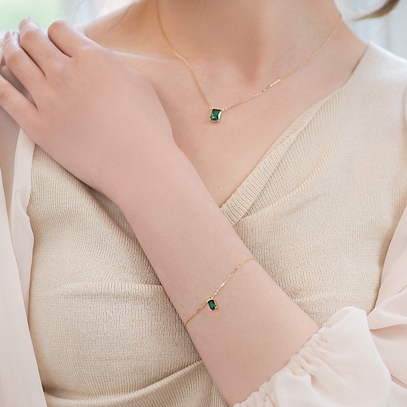 14k Gold Plated 925 Silver Emerald CZ Bracelets,  Square Emerald Gold Bracelets, Dainty Gold Green CZ Bracelet, Minimalist Bracelet, B10