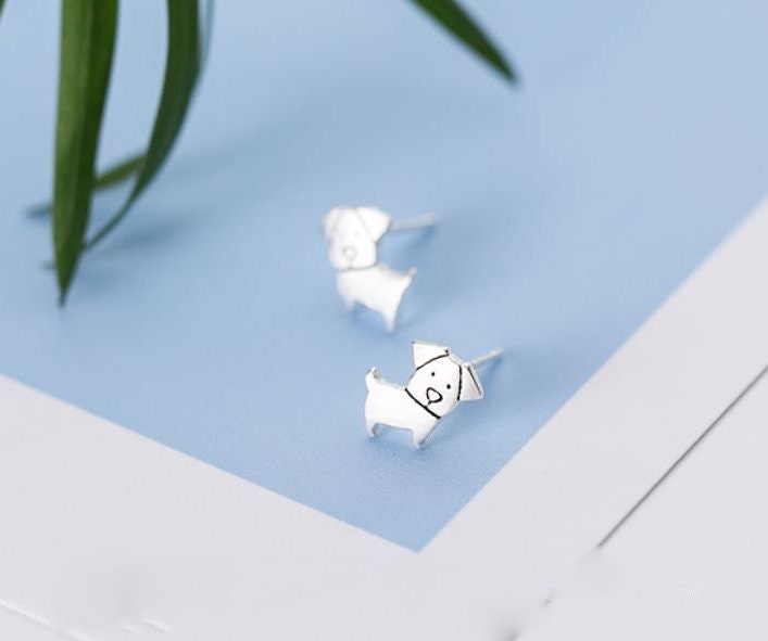 Sterling Silver Cute Dog Stud Earrings, Puppy Earring, Pet Animal Earrings, Adorable Animal Earrings, Silver Dog Studs, E248