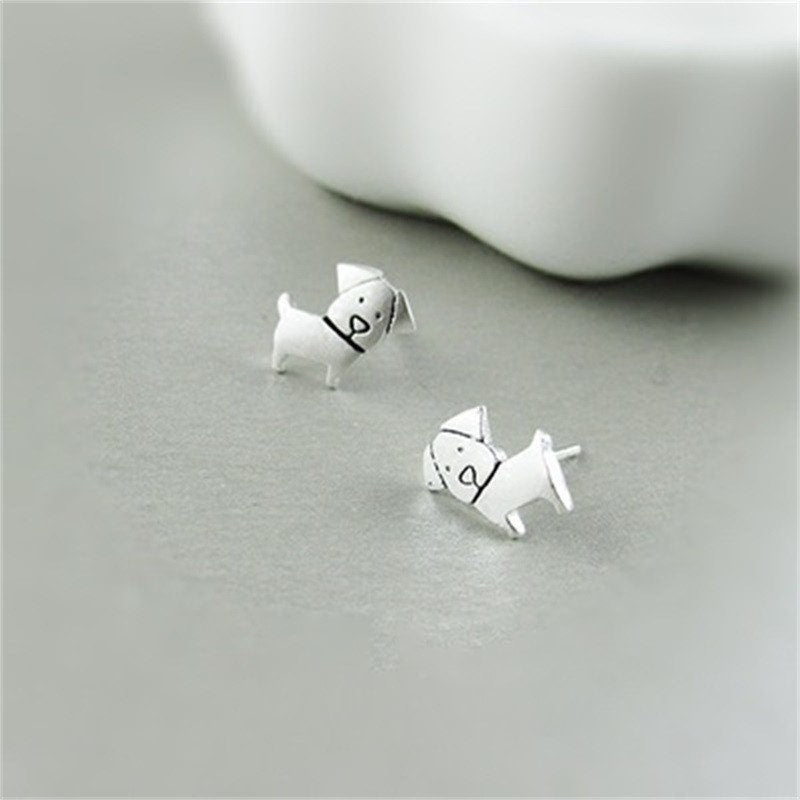 Sterling Silver Cute Dog Stud Earrings, Puppy Earring, Pet Animal Earrings, Adorable Animal Earrings, Silver Dog Studs, E248