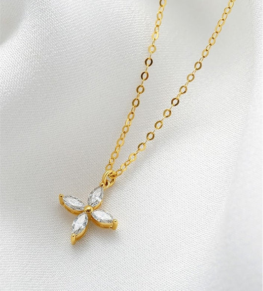 14k Gold Plated 925 Silver Dainty CZ Cross Flower Necklace, Minimalist Flower Necklace, Sparkly Clover CZ Necklace, Clover Pendant, Gift N39