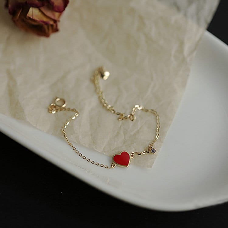 14k Gold Plated Sterling Silver Pretty Red Heart Bracelets, Dainty Heart Bracelet, Skinny Red Bracelets, Stacked Bracelet, B11