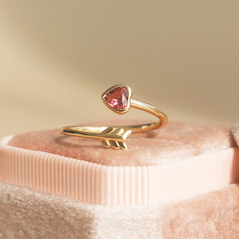 Gold Plated 925 Silver Tourmaline Cupid's Arrow Adjustable Ring, Rose Red Heart Ring, Gold Open Size Ring, Cupid's Arrow Open Ring Gift, R14