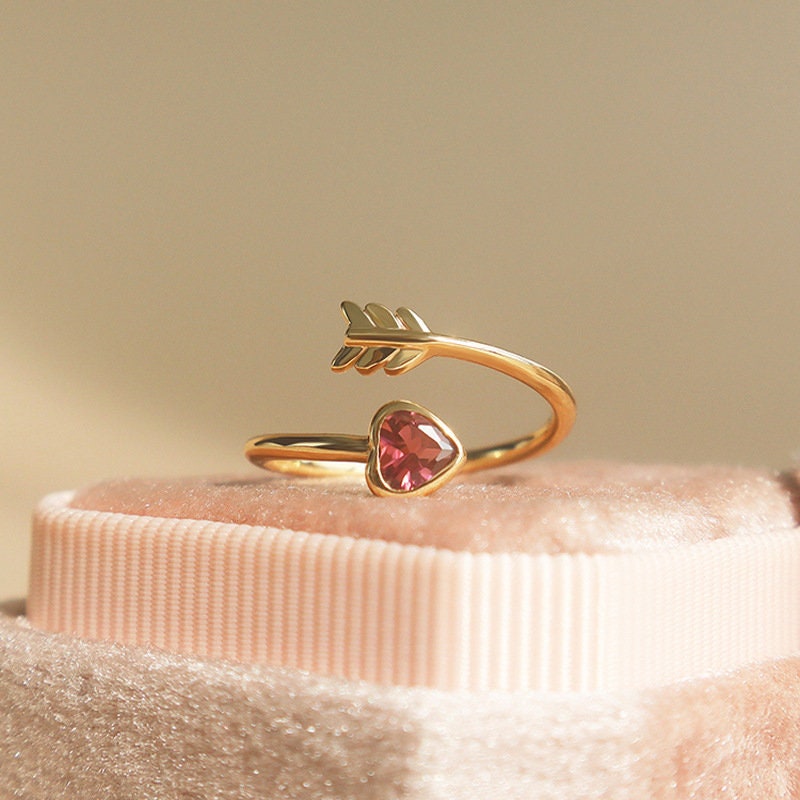 Gold Plated 925 Silver Tourmaline Cupid's Arrow Adjustable Ring, Rose Red Heart Ring, Gold Open Size Ring, Cupid's Arrow Open Ring Gift, R14