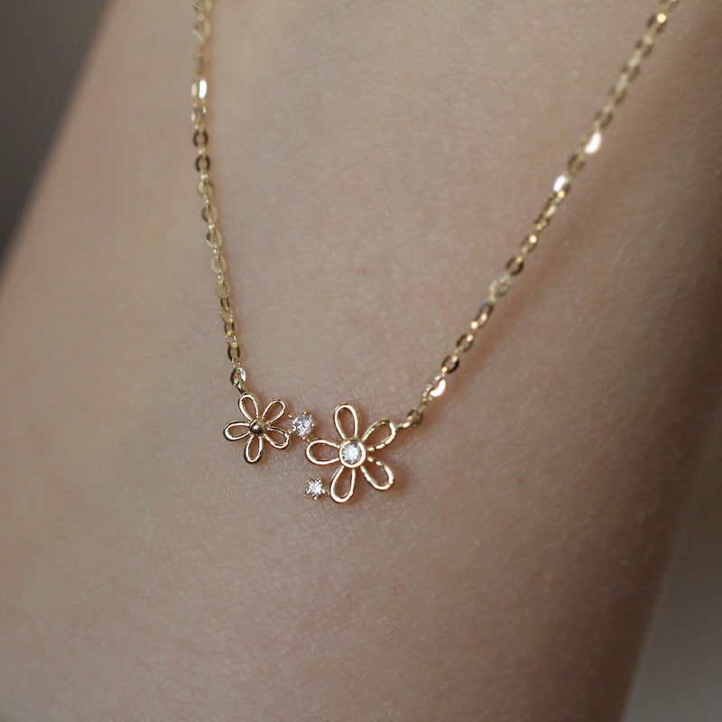 14k Gold Plated Sterling Silver Duo Flower CZ Necklace, Delicate Flower Pendant, Dainty Plant Necklace, Minimalist Flower Necklace, N41