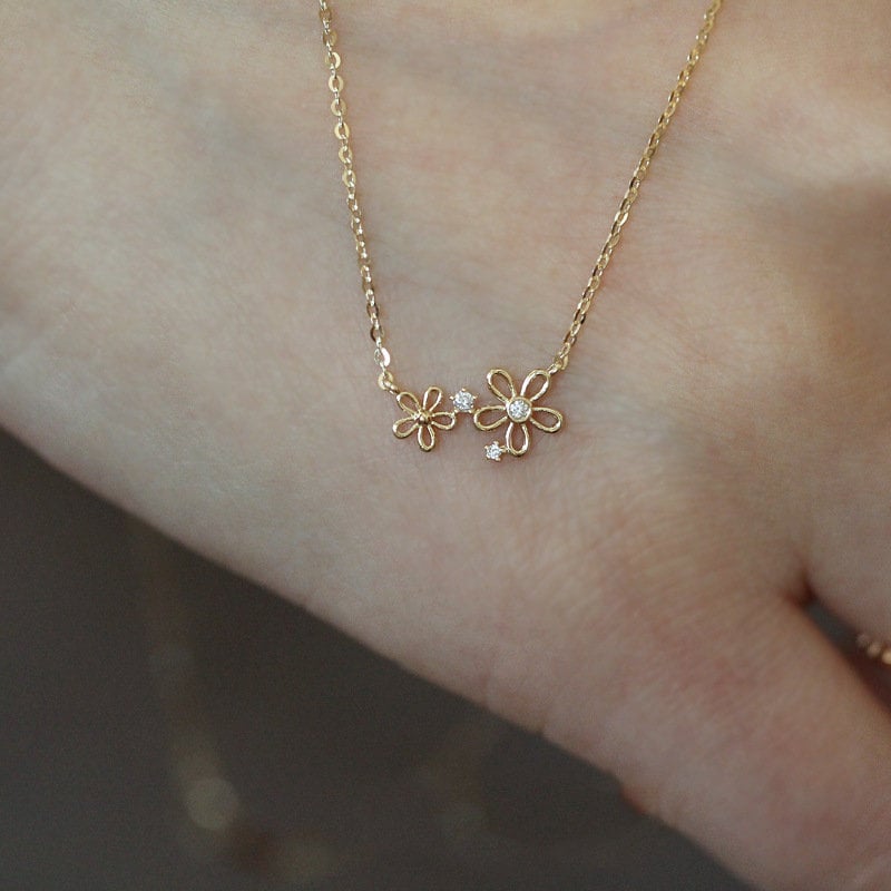 14k Gold Plated Sterling Silver Duo Flower CZ Necklace, Delicate Flower Pendant, Dainty Plant Necklace, Minimalist Flower Necklace, N41