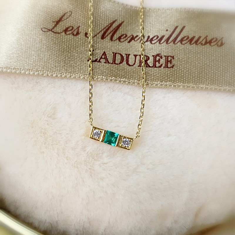 14k Gold Plated 925 Silver Emerald CZ Necklace, Dainty CZ Bar Necklace, Sparkly CZ Line Necklace, Emerald Rectangle Necklace, Minimalist N42