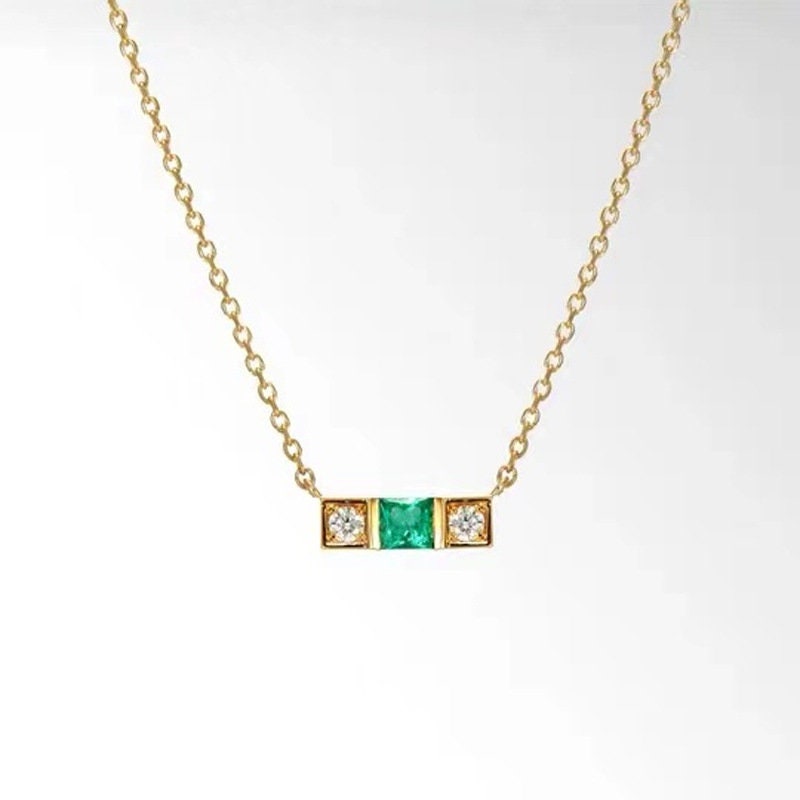 14k Gold Plated 925 Silver Emerald CZ Necklace, Dainty CZ Bar Necklace, Sparkly CZ Line Necklace, Emerald Rectangle Necklace, Minimalist N42