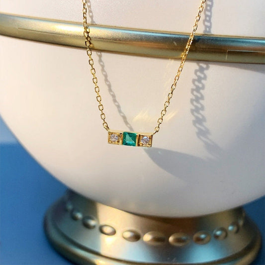 14k Gold Plated 925 Silver Emerald CZ Necklace, Dainty CZ Bar Necklace, Sparkly CZ Line Necklace, Emerald Rectangle Necklace, Minimalist N42