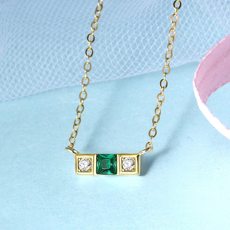 14k Gold Plated 925 Silver Emerald CZ Necklace, Dainty CZ Bar Necklace, Sparkly CZ Line Necklace, Emerald Rectangle Necklace, Minimalist N42