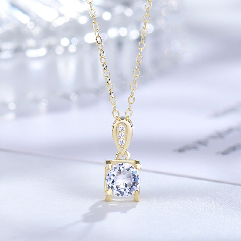 14k Gold Plated Sterling Silver Round Cut CZ Necklace, Sparkly Round CZ Pendant, Dainty Gold Necklace, Minimalist CZ Necklace, Gifts, N44