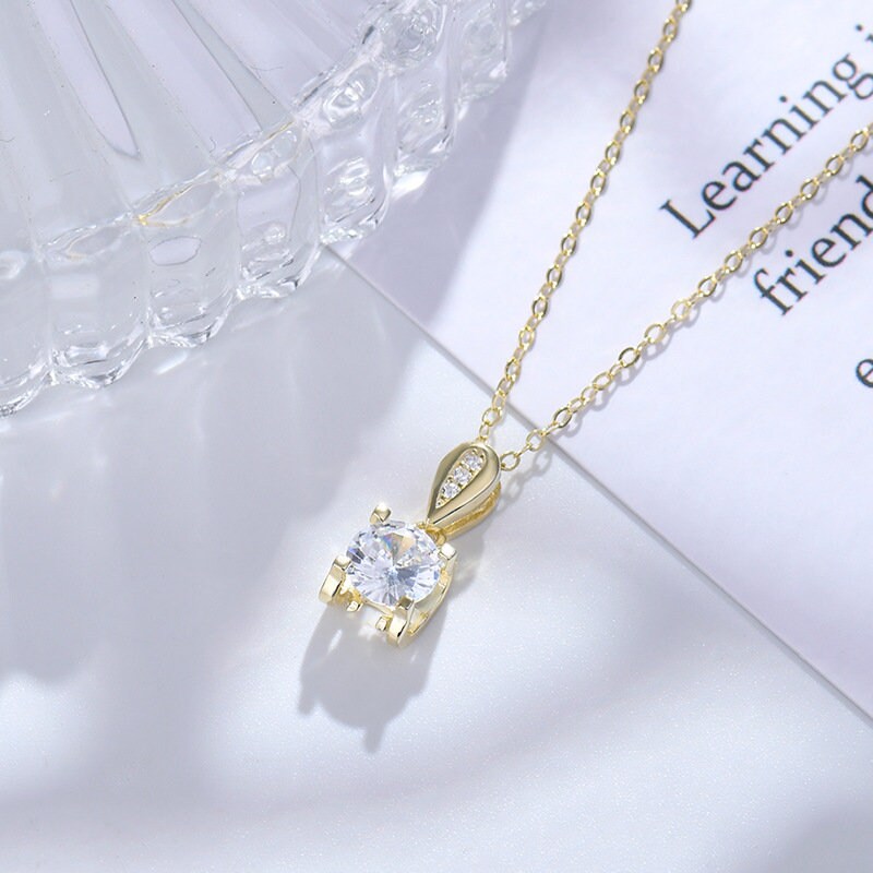 14k Gold Plated Sterling Silver Round Cut CZ Necklace, Sparkly Round CZ Pendant, Dainty Gold Necklace, Minimalist CZ Necklace, Gifts, N44