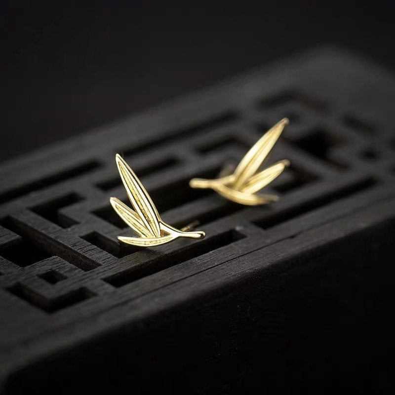 14k Gold over 925 Silver Bamboo Leaf Earrings, Branch Leaf Earring, Dainty Plant Earrings, Unique Earrings, Minimalist, Gifts, E254